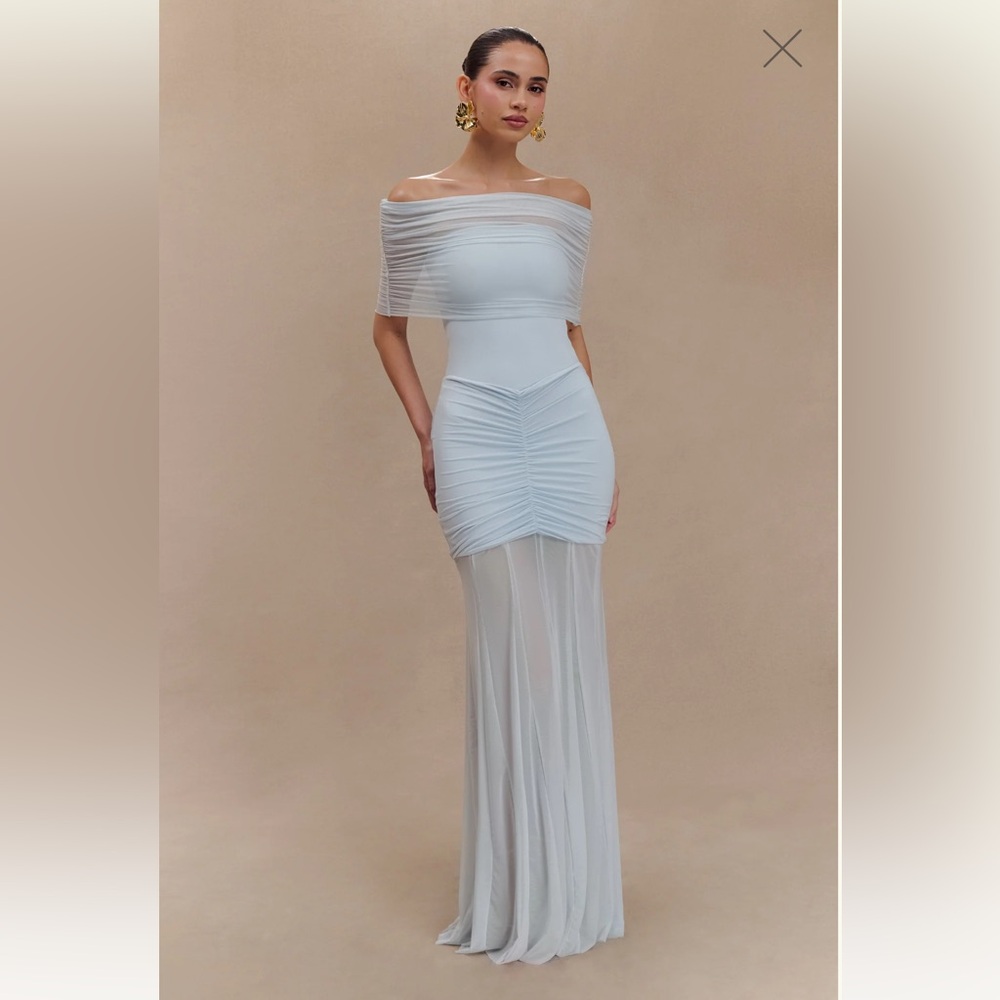 Meshki: Caspian Slinky And Mesh Off Shoulder Maxi Dress - Pale Blue